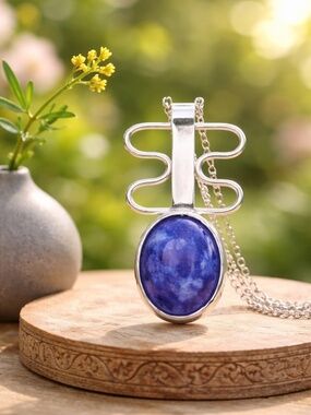 Handmade Large Natural Blue Lapis Pendant Sterling Silver